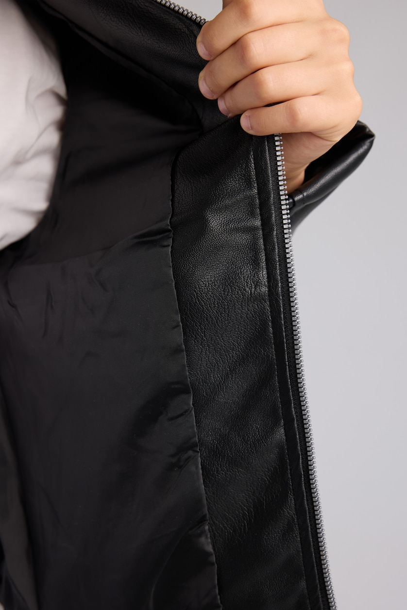 BOYS & TEENS Black Boy High Neck Leather Look Black Waterproof Jacket