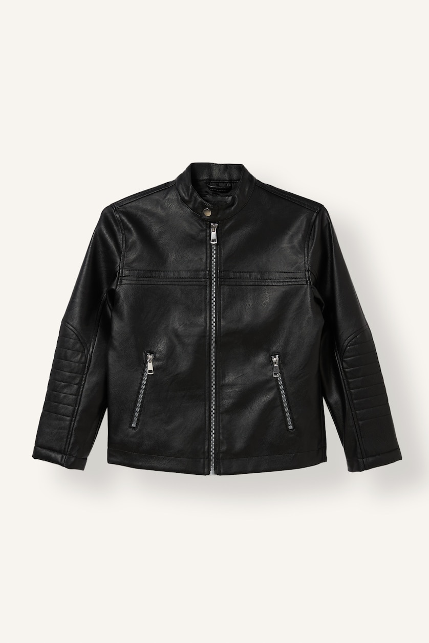 BOYS & TEENS Black Boy Black Faux Leather High Neck Zip-Up Jacket