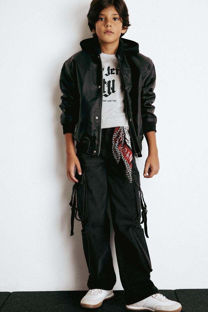 Erkek Çocuk - Genç Erkek Siyah Su Geçirmez Çıkarılabilir Kapüşonlu Pelüş Astar Bomber Mont Erkek Çocuk