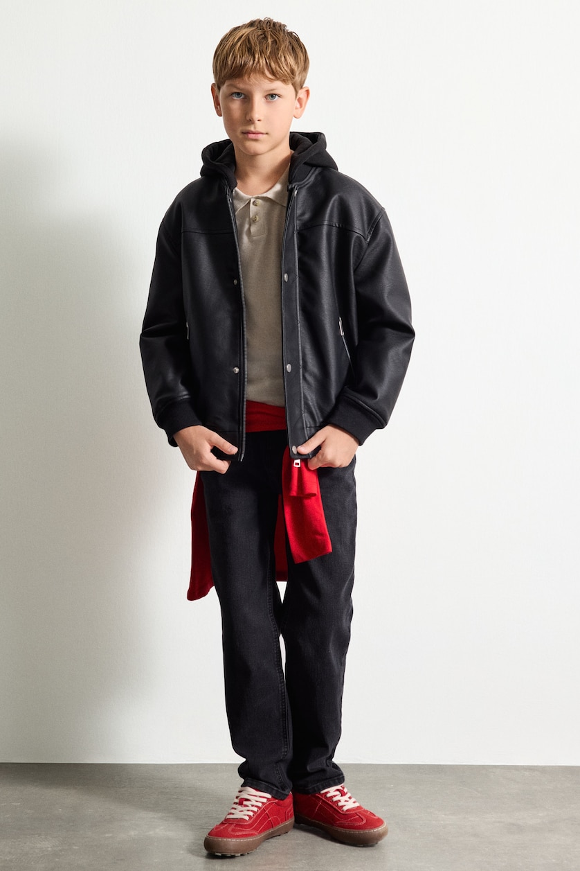 DJEM & ADOLESHENTË Black Boy Water-Repellent Detachable Hood Plush Lining Bomber Jacket