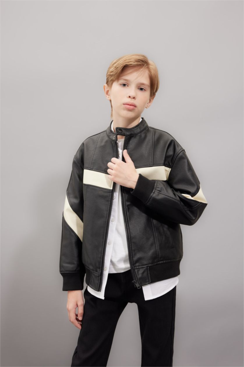 BOYS & TEENS Black جاكيت جلد صناعي جلد صناعي اوفر سايز