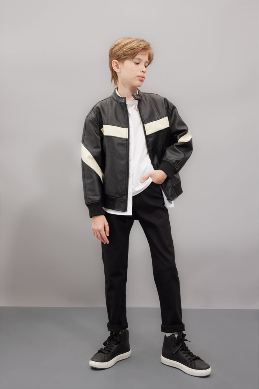 BOYS & TEENS Black جاكيت جلد صناعي جلد صناعي اوفر سايز