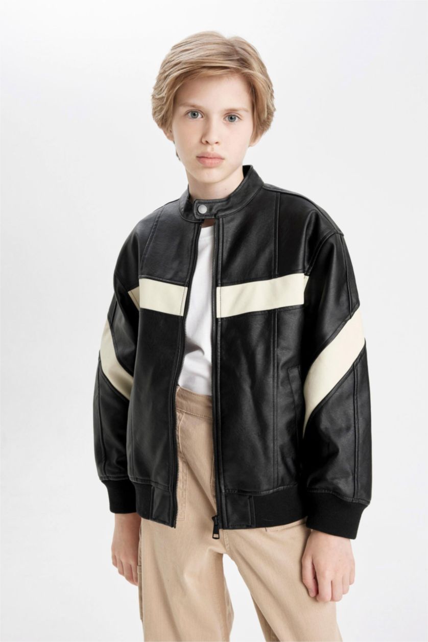 BOYS & TEENS Black جاكيت جلد صناعي جلد صناعي اوفر سايز