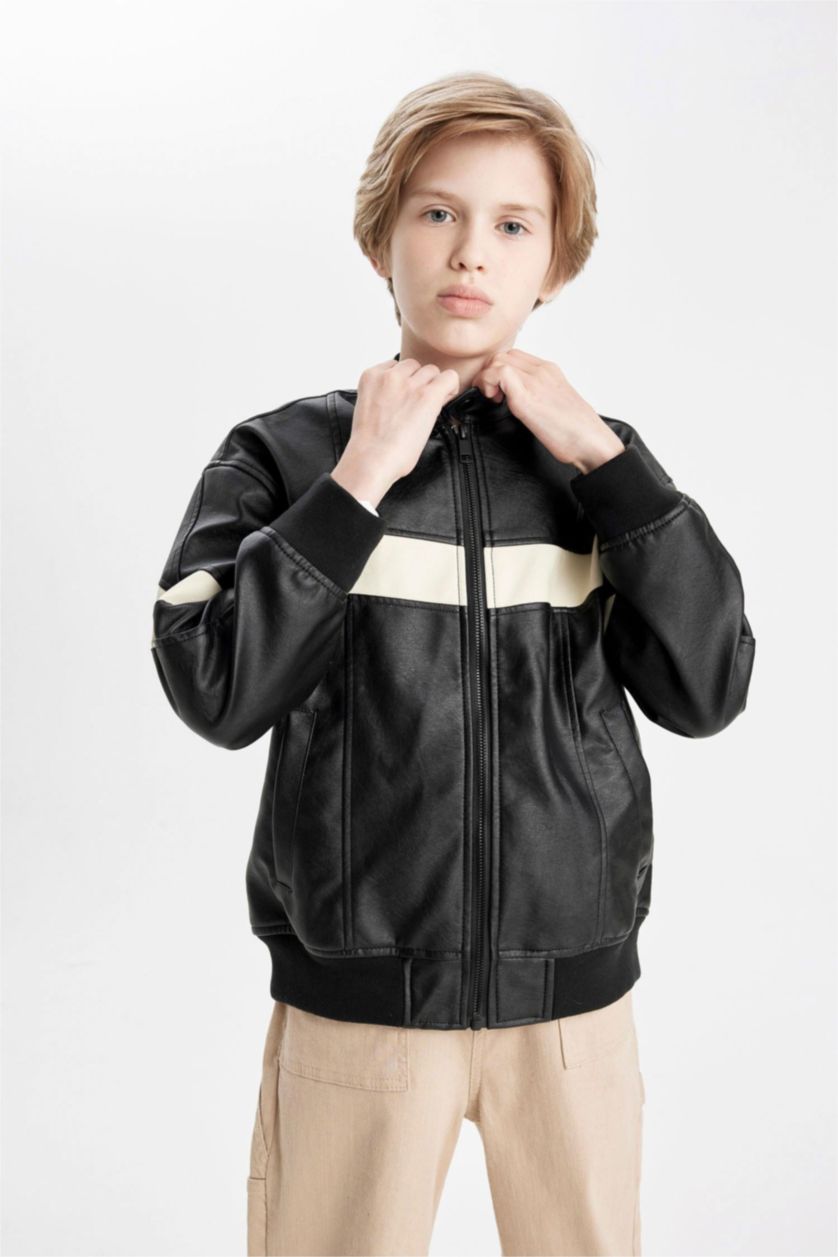 BOYS & TEENS Black جاكيت جلد صناعي جلد صناعي اوفر سايز