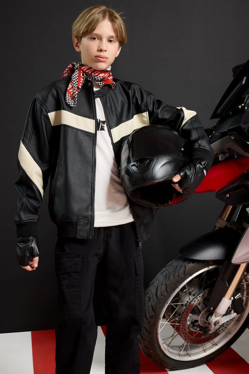 Erkek Çocuk - Genç Erkek Siyah Erkek Çocuk Su Geçirmez Kolej Yaka Bomber Mont