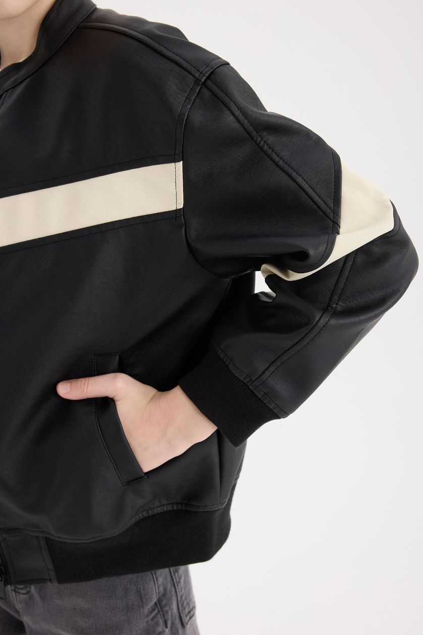 Erkek Çocuk - Genç Erkek Siyah Erkek Çocuk Su Geçirmez Kolej Yaka Bomber Mont