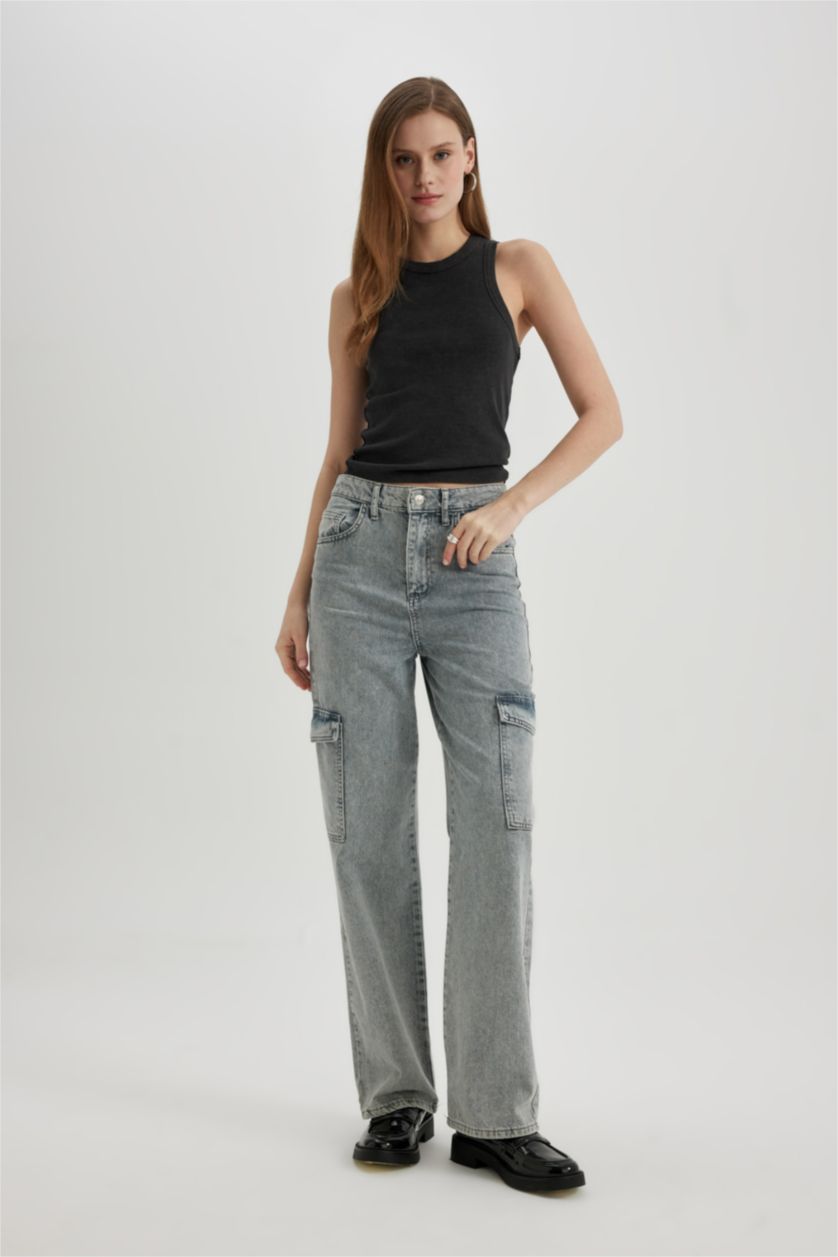 FEMME Anthracite Débardeur Slim à Col licou avec Effet Délavé et Col Montant