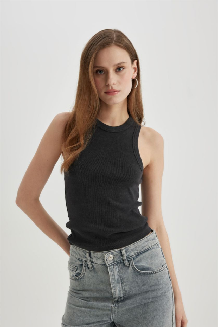 FEMME Anthracite Débardeur Slim à Col licou avec Effet Délavé et Col Montant