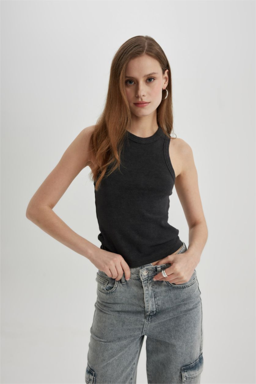 FEMME Anthracite Débardeur Slim à Col licou avec Effet Délavé et Col Montant