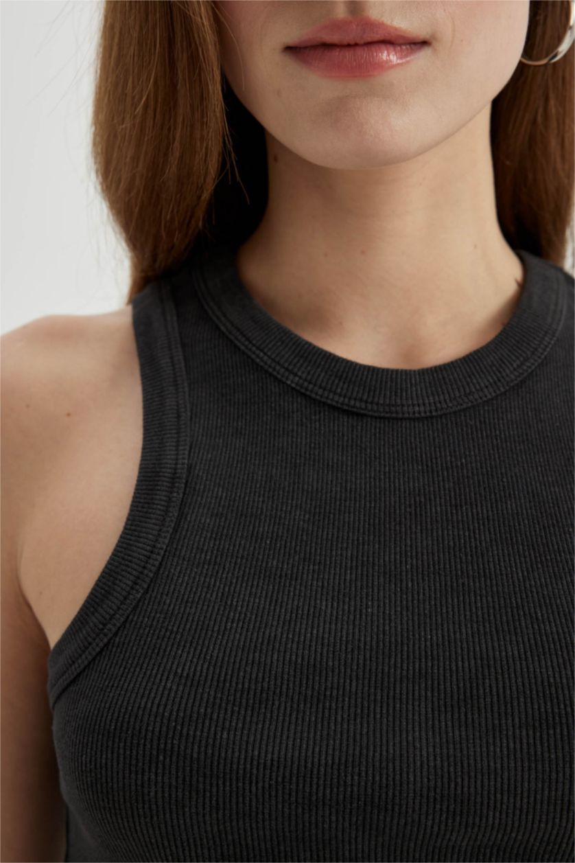 FEMME Anthracite Débardeur Slim à Col licou avec Effet Délavé et Col Montant