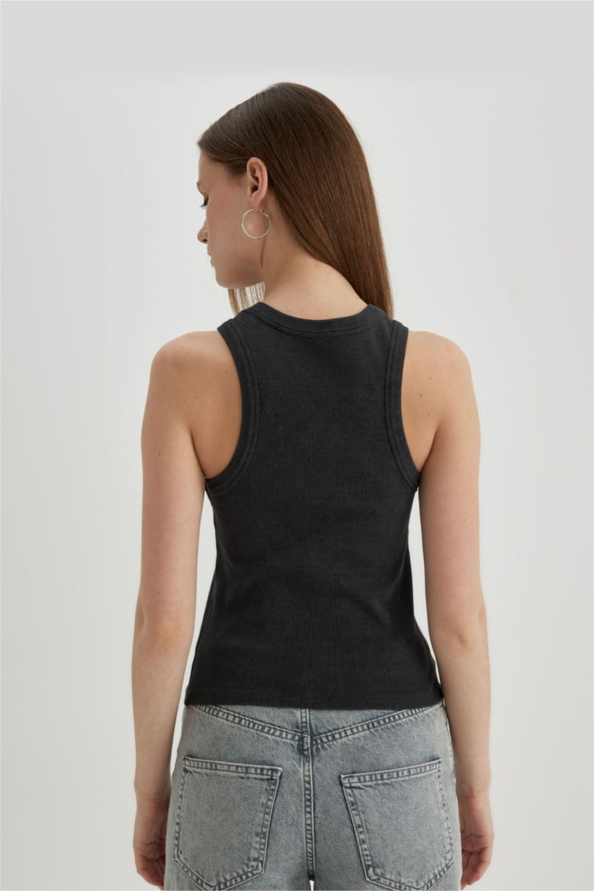 FEMME Anthracite Débardeur Slim à Col licou avec Effet Délavé et Col Montant