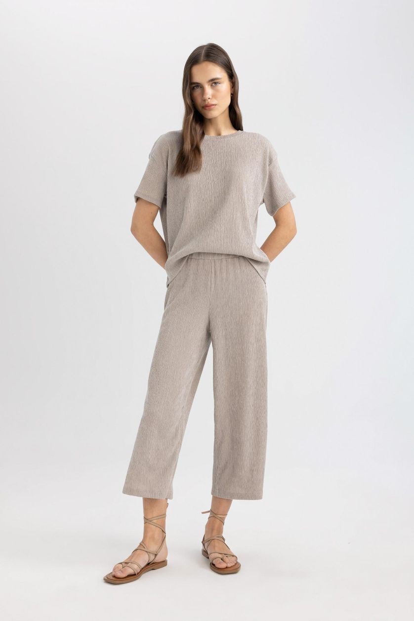 Woman Grey Wide Leg Normal Waist Straight Leg Midi Trousers