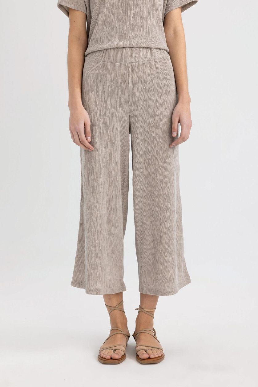 Woman Grey Wide Leg Normal Waist Straight Leg Midi Trousers