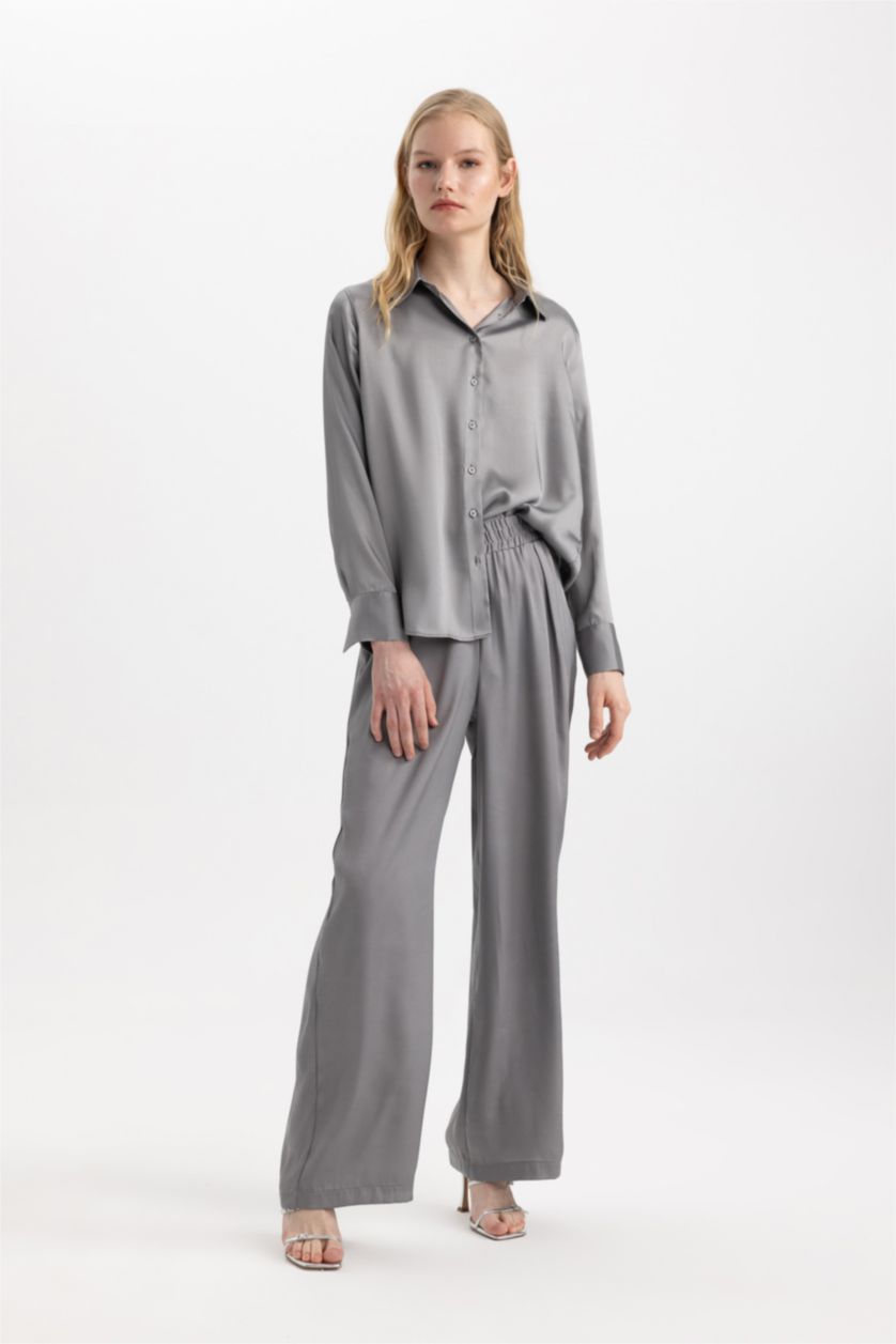 WOMAN Grey Oversize Fit Shirt Collar Satin Long Sleeve Shirt