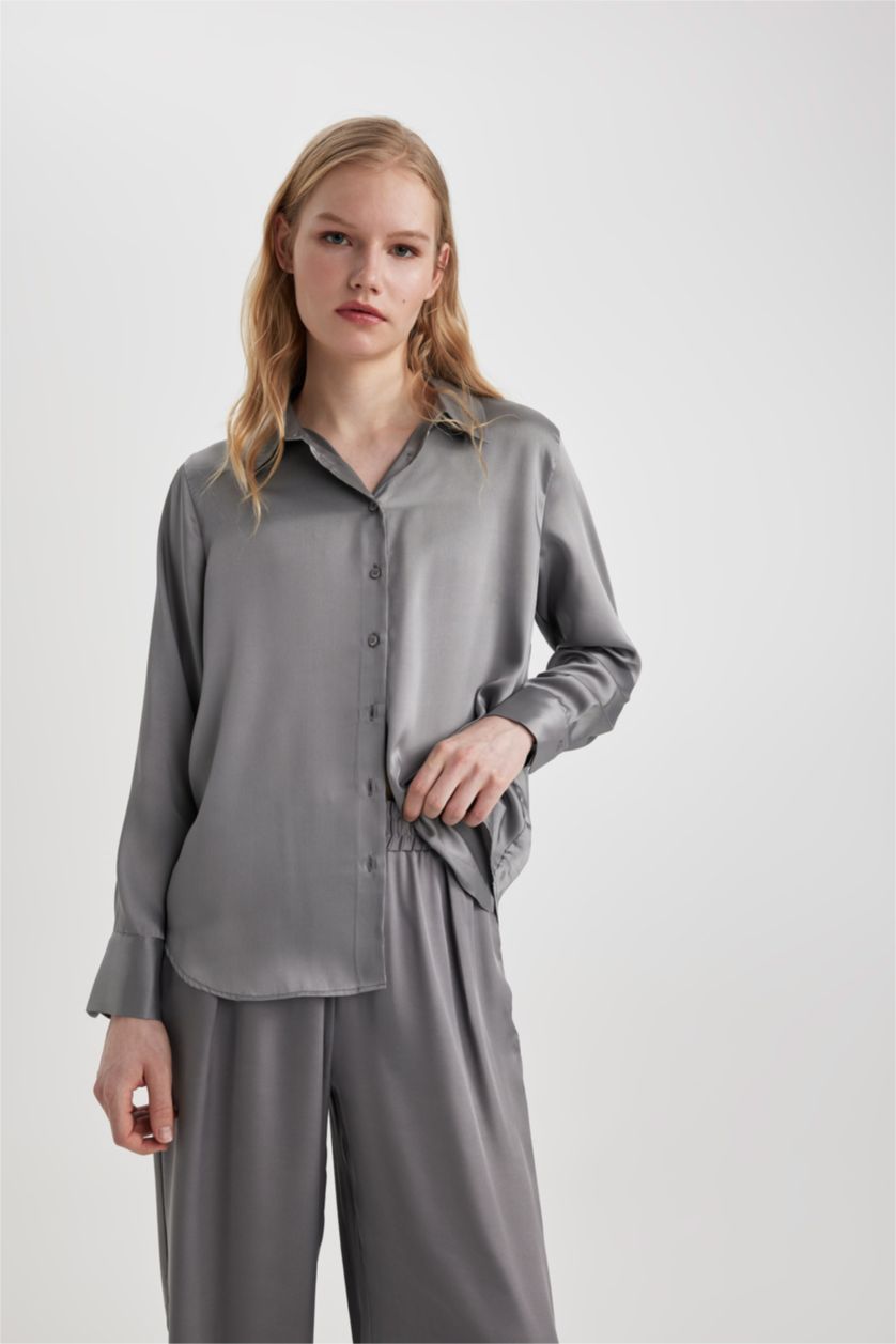 WOMAN Grey Oversize Fit Shirt Collar Satin Long Sleeve Shirt
