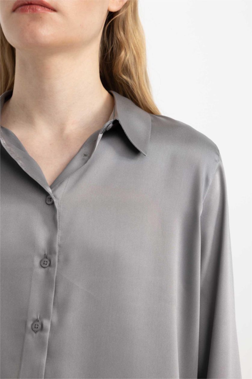 WOMAN Grey Oversize Fit Shirt Collar Satin Long Sleeve Shirt