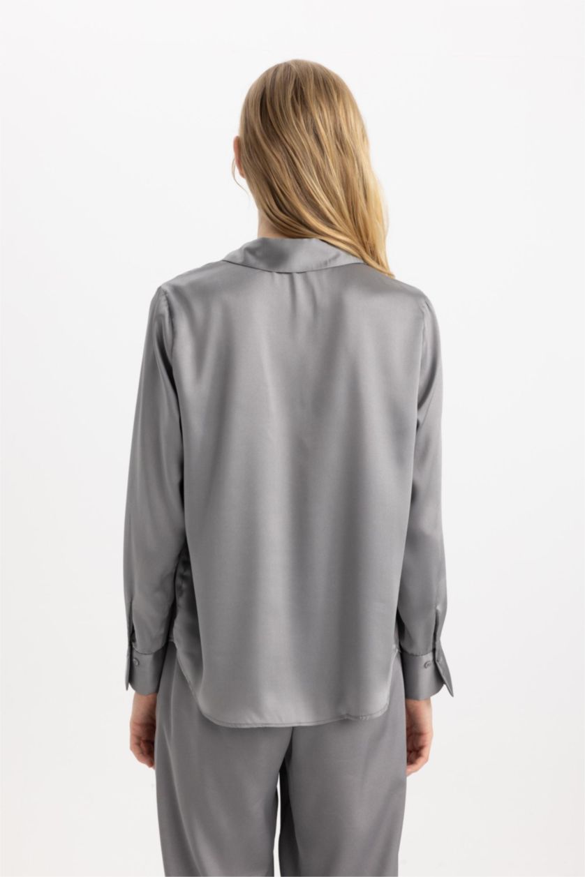WOMAN Grey Oversize Fit Shirt Collar Satin Long Sleeve Shirt