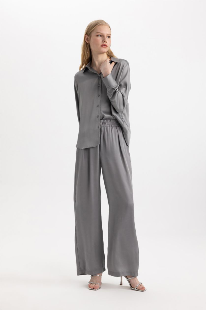 FEMME Gris Pantalon en satin large taille haute et élastique avec poches