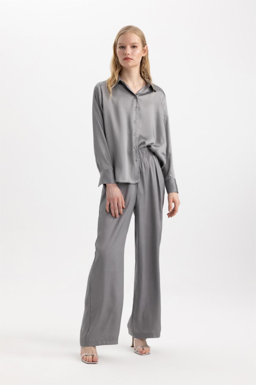 FEMME Gris Pantalon en satin large taille haute et élastique avec poches