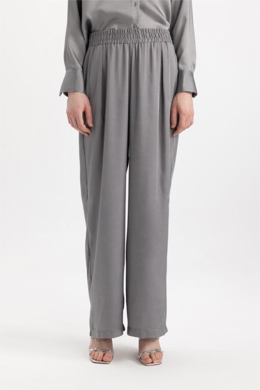 FEMME Gris Pantalon en satin large taille haute et élastique avec poches