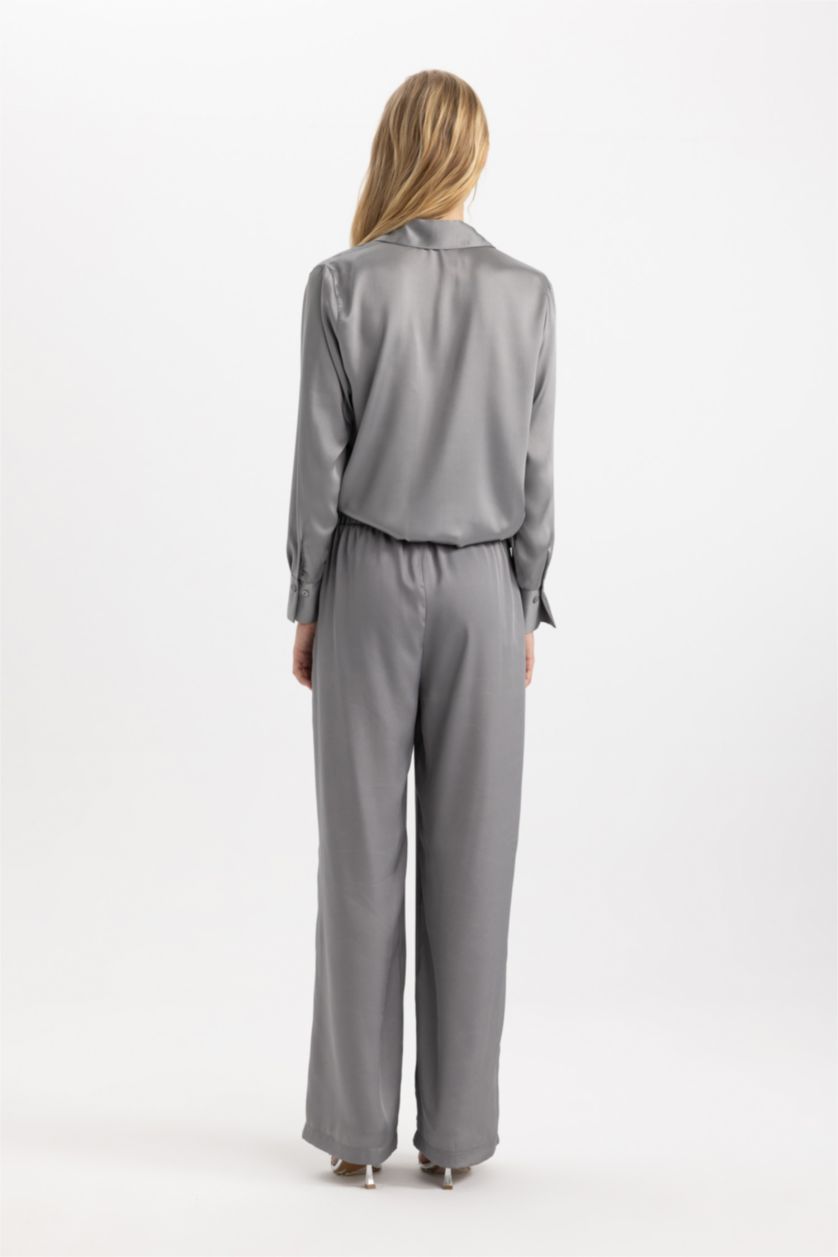 FEMME Gris Pantalon en satin large taille haute et élastique avec poches