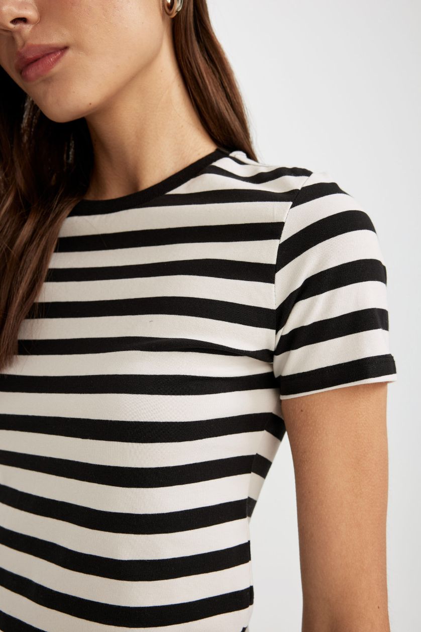 WOMAN Ecru Slim Fit Crew Neck Striped Short Sleeve T-Shirt