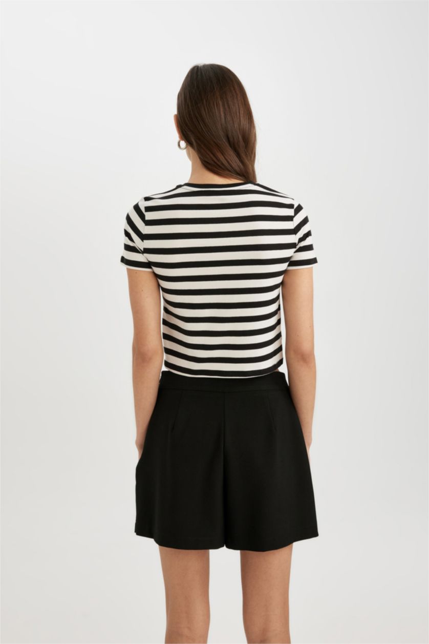 WOMAN Ecru Slim Fit Crew Neck Striped Short Sleeve T-Shirt