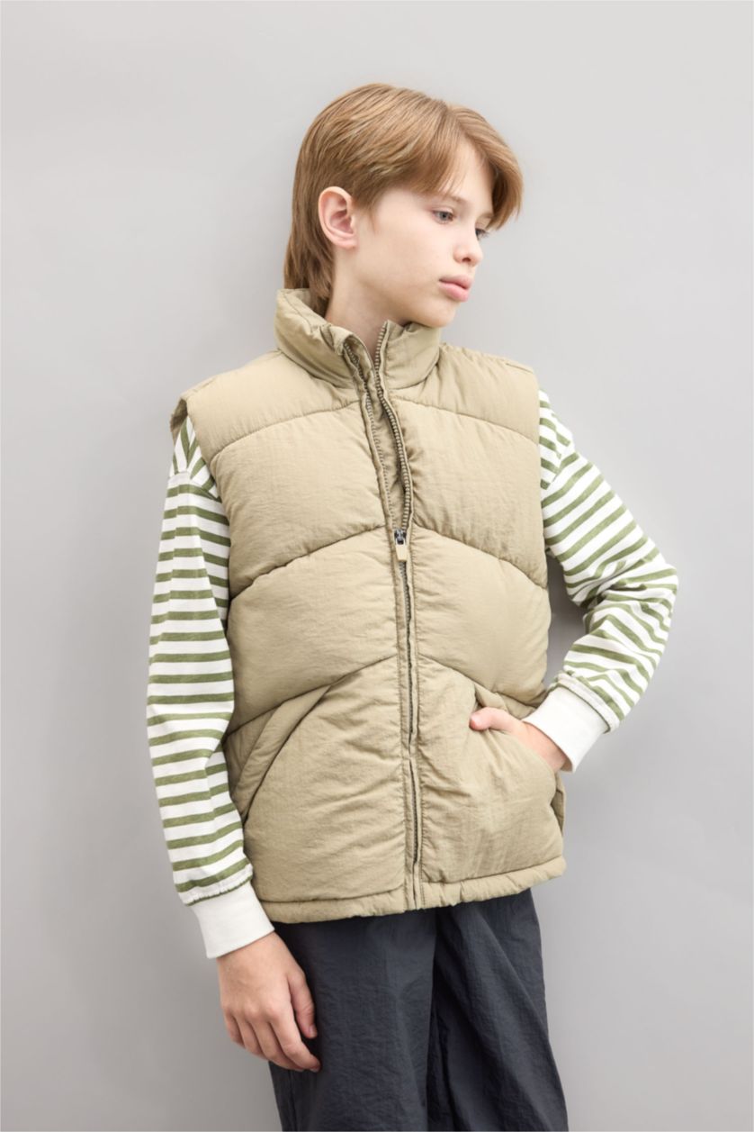 Erkek Çocuk - Genç Erkek Açık Haki Erkek Çocuk Su Geçirmez Yarım Balıkçı Yaka Şişme Yelek