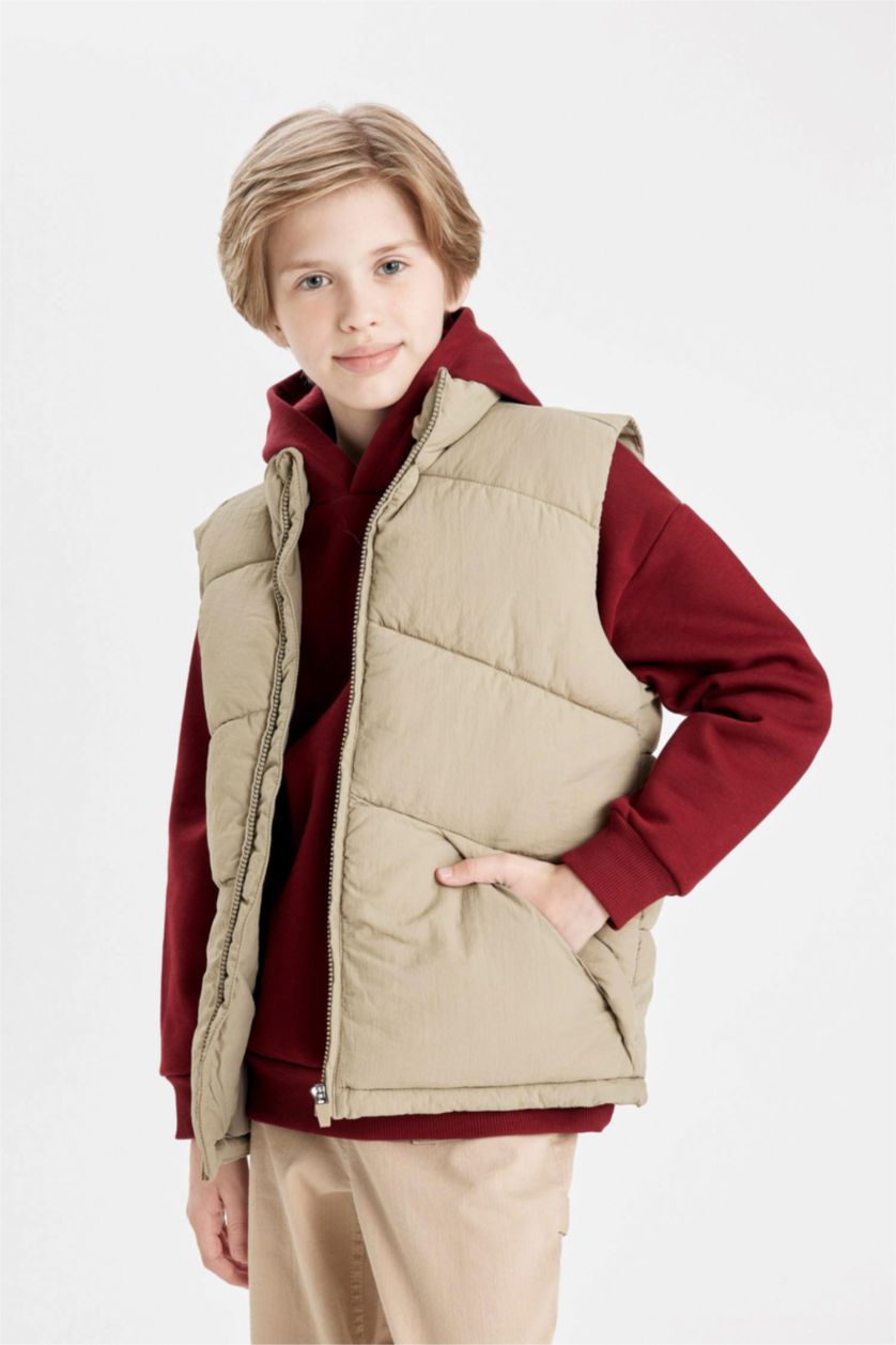 Erkek Çocuk - Genç Erkek Açık Haki Erkek Çocuk Su Geçirmez Yarım Balıkçı Yaka Şişme Yelek