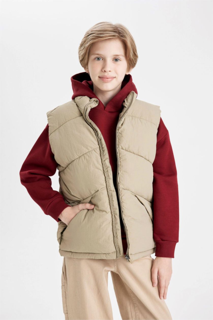 Erkek Çocuk - Genç Erkek Açık Haki Erkek Çocuk Su Geçirmez Yarım Balıkçı Yaka Şişme Yelek