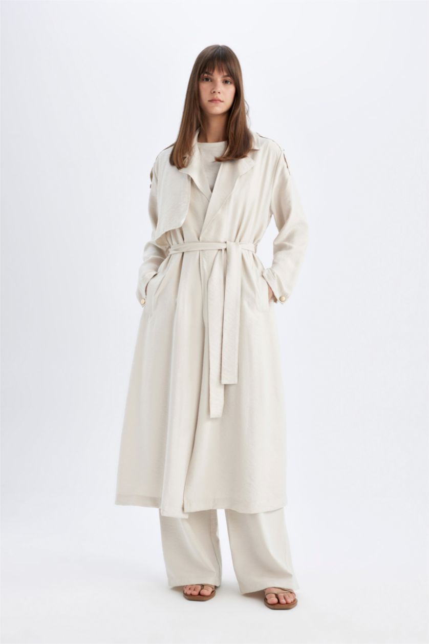 Kadın Taş Oversize Geniş Kalıp Mevsimlik Uzun Trençkot Kruvaze Kapamalı Cepli Apoletli Kemerli