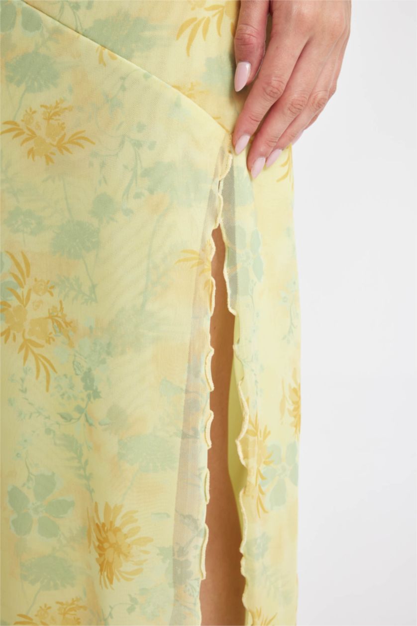 WOMAN Light Yellow Strapless Slit Patterned Tulle Midi Dress