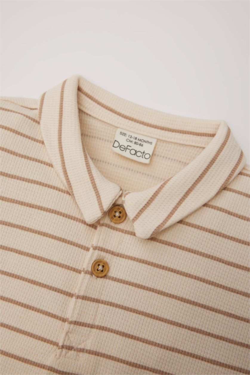 Erkek Bebek Bej Polo Yaka Çizgili Waffle Kısa Kollu Çıtçıtlı Body Erkek Bebek Yenidoğan