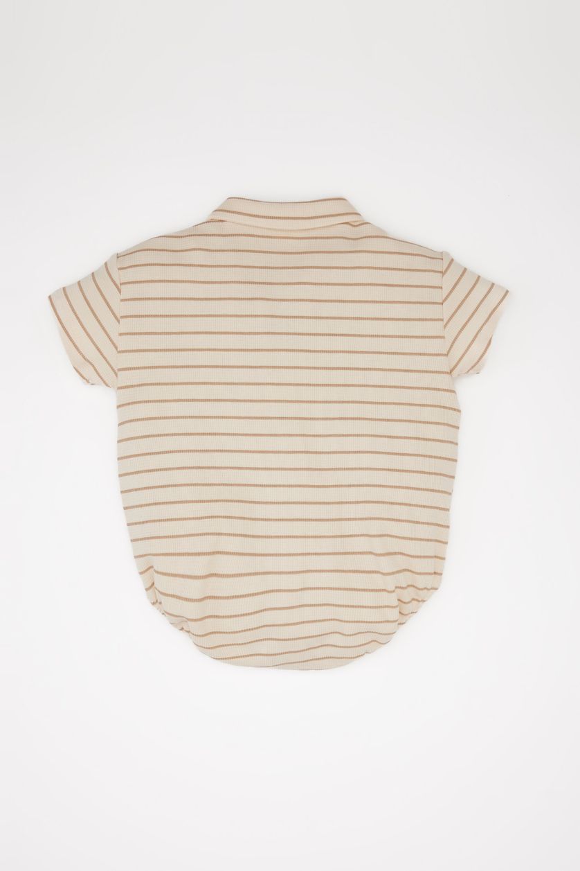 Erkek Bebek Bej Polo Yaka Çizgili Waffle Kısa Kollu Çıtçıtlı Body Erkek Bebek Yenidoğan