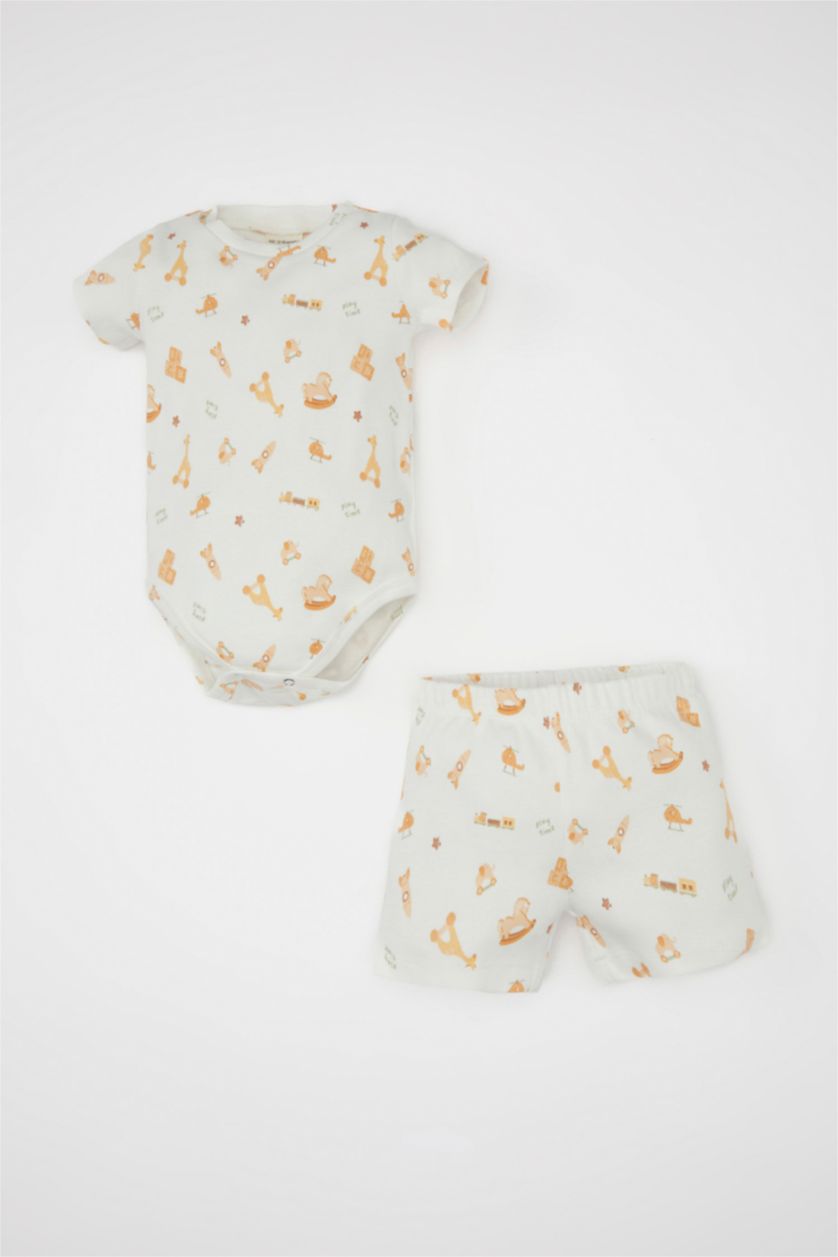 BABY GIRL White Baby Boy Safari Printed Ribbed Camisole Snap Body Shorts 2 Piece Set
