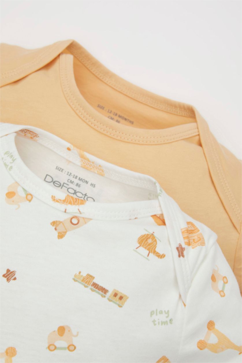 Erkek Bebek Bej Erkek Bebek Yenidoğan Safari Baskılı Penye 2'li Kısa Kollu Tulum