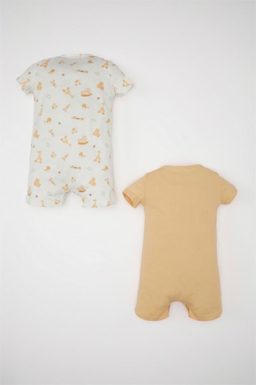 Erkek Bebek Bej Erkek Bebek Yenidoğan Safari Baskılı Penye 2'li Kısa Kollu Tulum