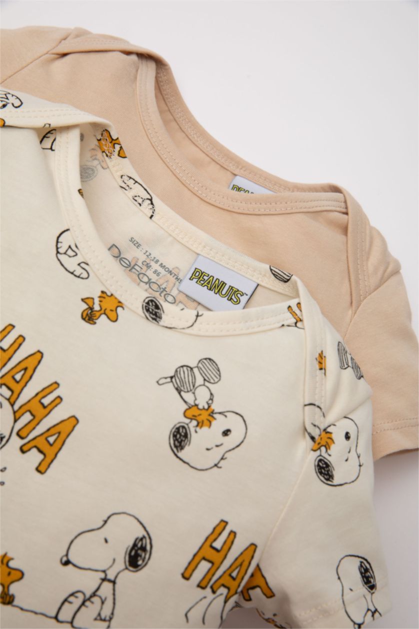Erkek Bebek Açık Bej Erkek Bebek Yenidoğan Snoopy Penye 2'li Kısa Kollu Tulum