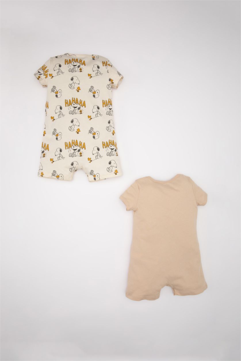 Erkek Bebek Açık Bej Erkek Bebek Yenidoğan Snoopy Penye 2'li Kısa Kollu Tulum