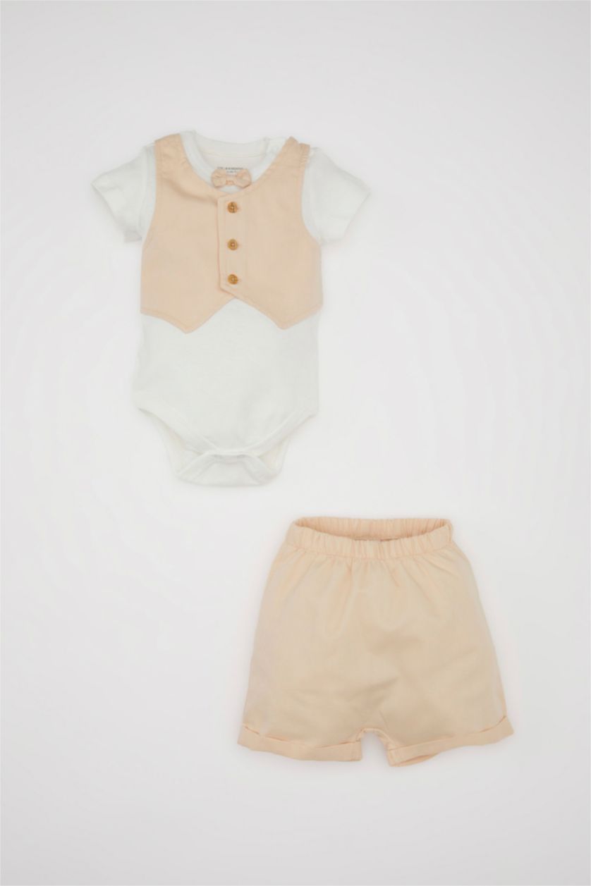 BABY GIRL Beige Baby Boy Woven Snap Body Shorts 2 Piece Set