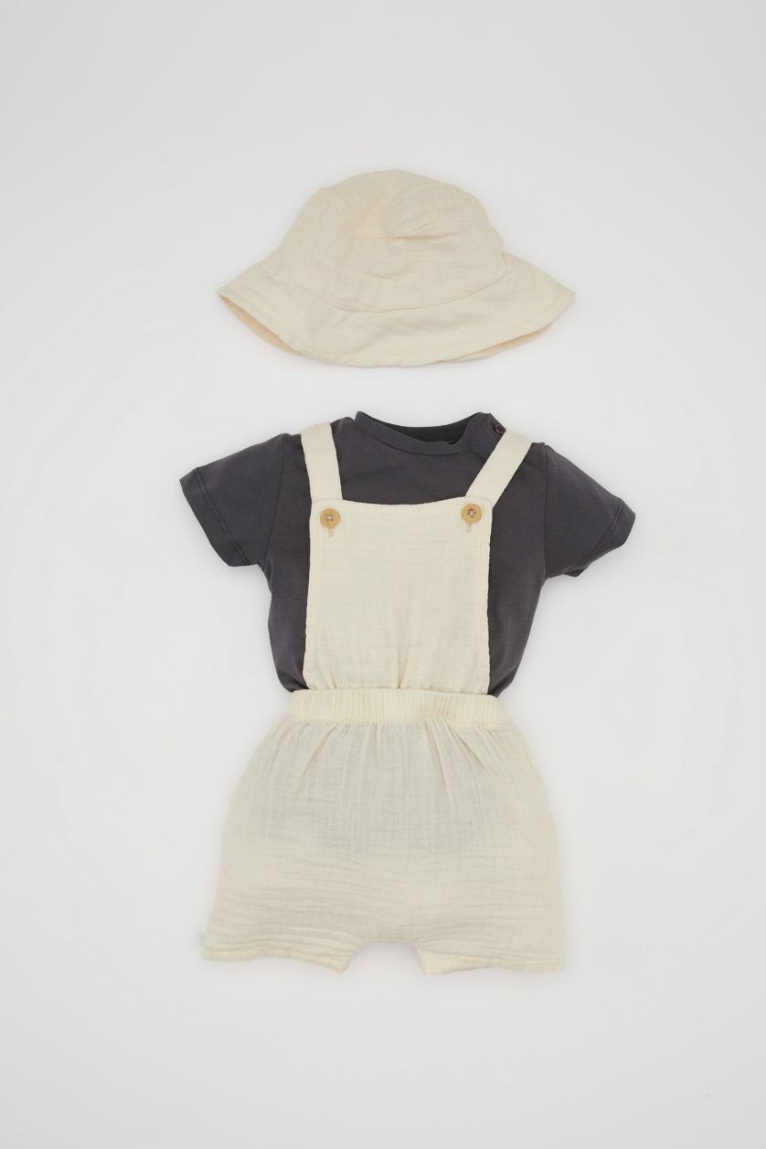 طفلة صغيرة بيج فاتح طقم بيبي اولادي موسلين قصة عادية - 3 قطع