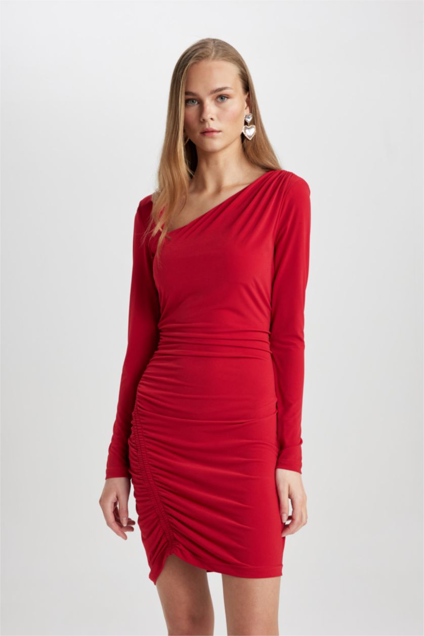 FEMME Rouge Foncé Mini Robe Rouge Bodycon Col Bateau à Manches Courtes