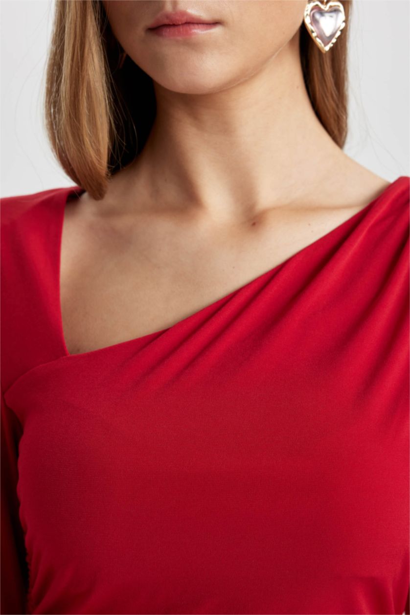 FEMME Rouge Foncé Mini Robe Rouge Bodycon Col Bateau à Manches Courtes