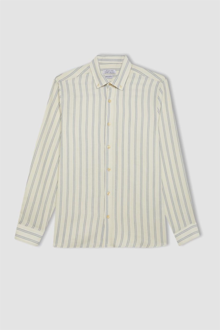 رجال أزرق غامق قميص مخطط قطن قصة عادية