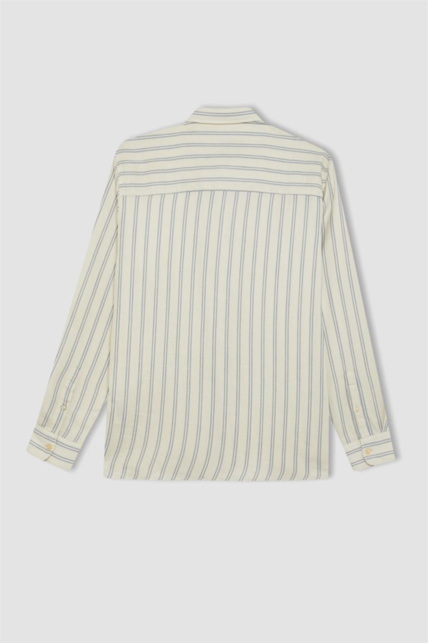 رجال أزرق غامق قميص مخطط قطن قصة عادية