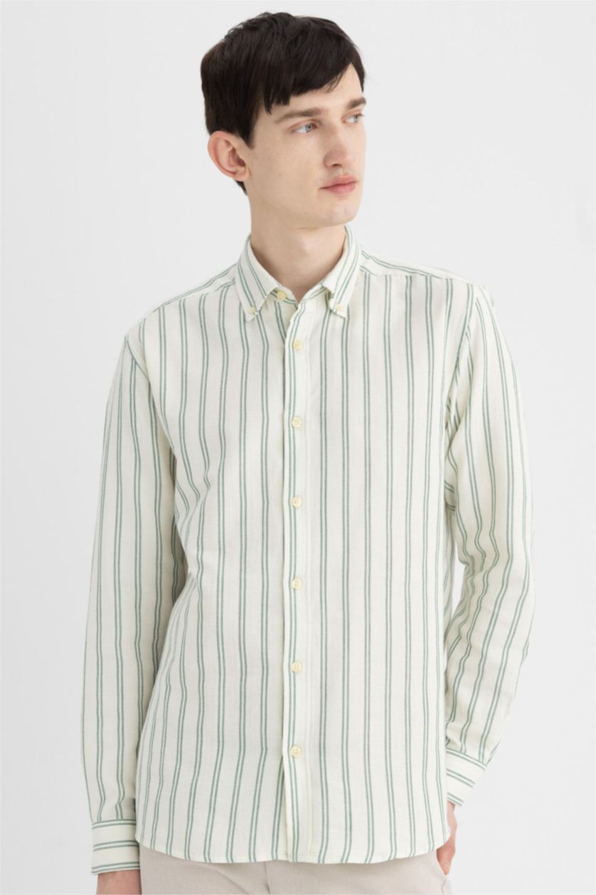 رجال أخضر قميص مخطط قطن قصة عادية