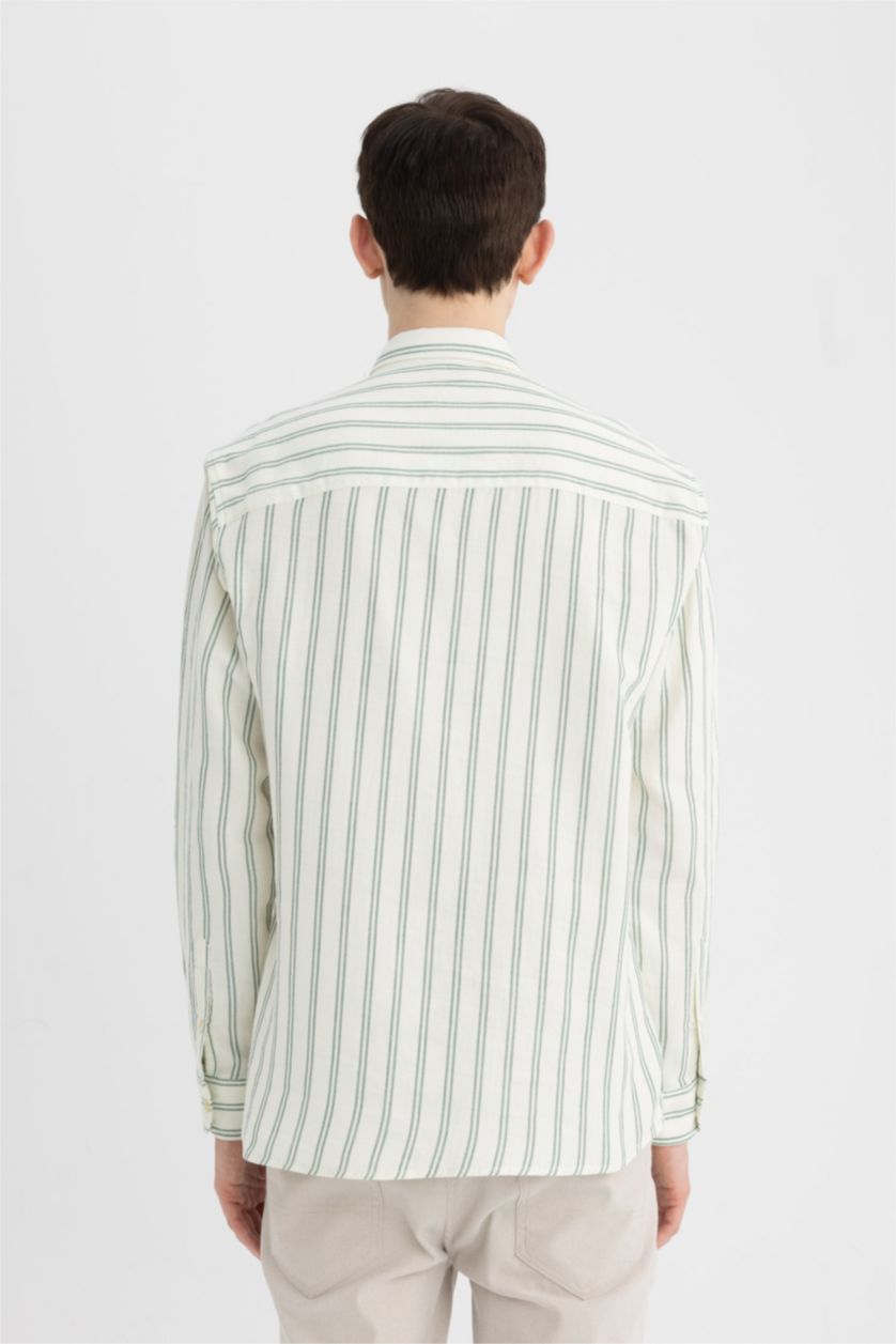 رجال أخضر قميص مخطط قطن قصة عادية