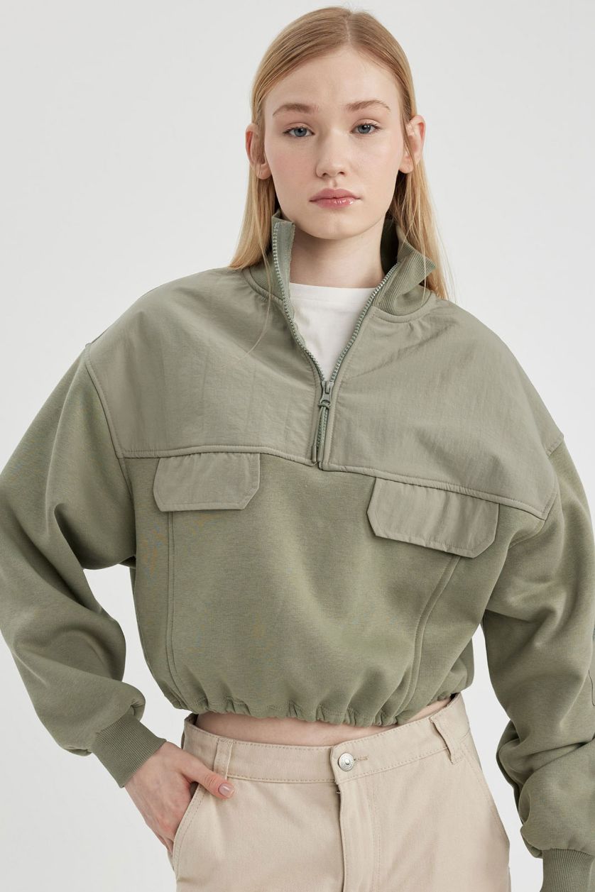 Kadın Haki Fermuarlı Yaka Crop Kalın Sweatshirt
