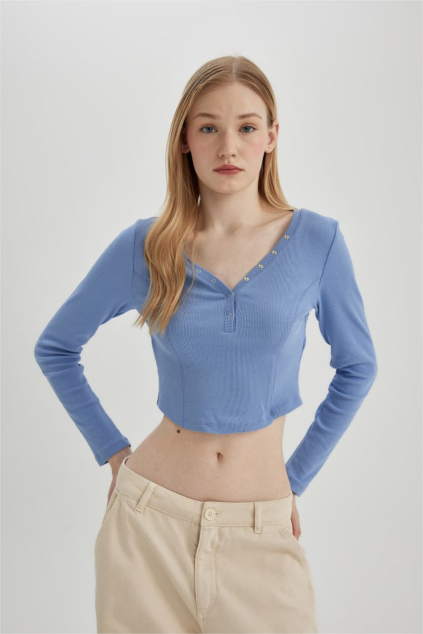 Kadın Mavi Coool Fitted V Yaka Crop Fitilli Kaşkorse Uzun Kollu Tişört