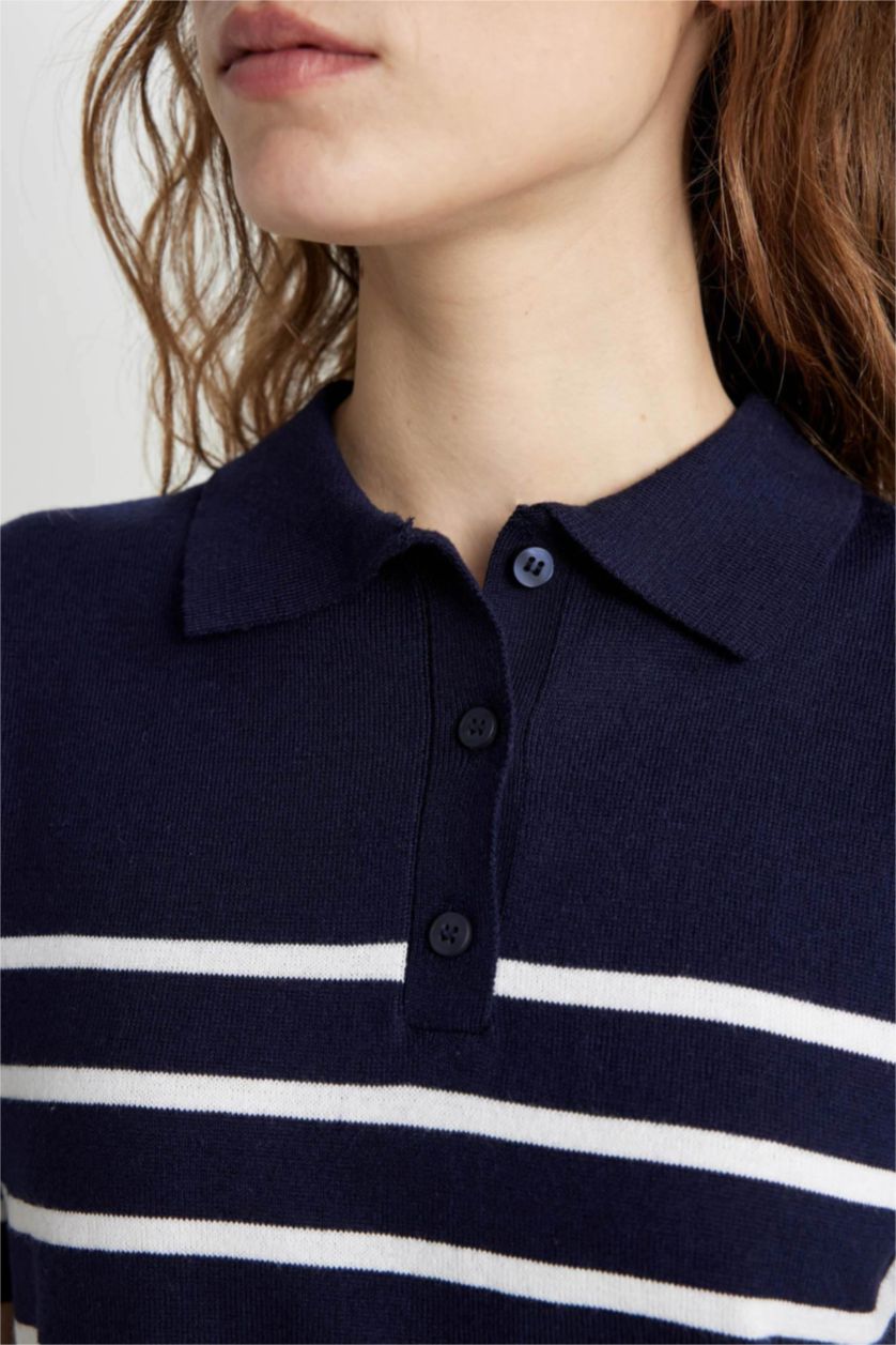 FEMME Marin T-Shirt Polo en tricot rayé à manches courtes Coupe régulière